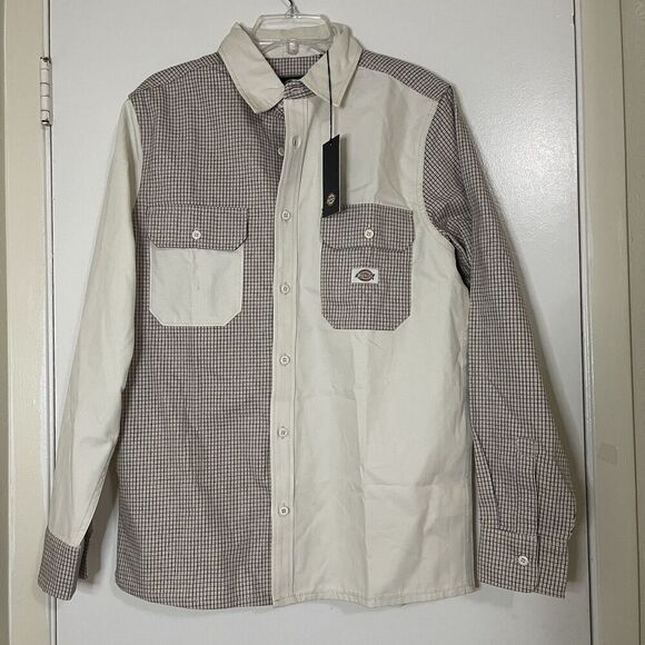 NEW! DICKIES Long sleeve plaid khaki tan button down heavy weight shirt medium - Picture 1 of 6